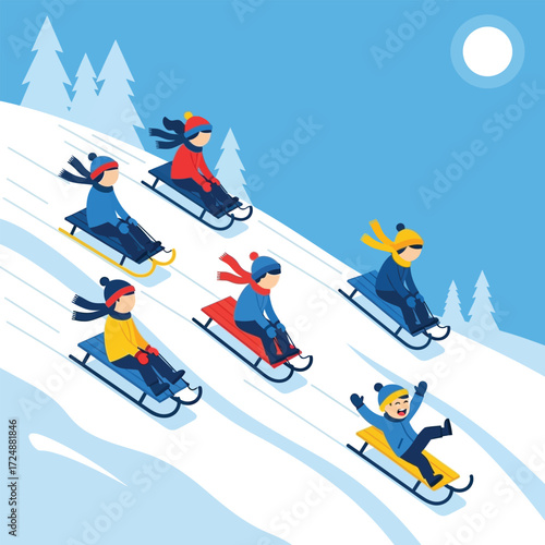 Children sledding down a snow-covered hill on colorful sleds under a bright winter sun.