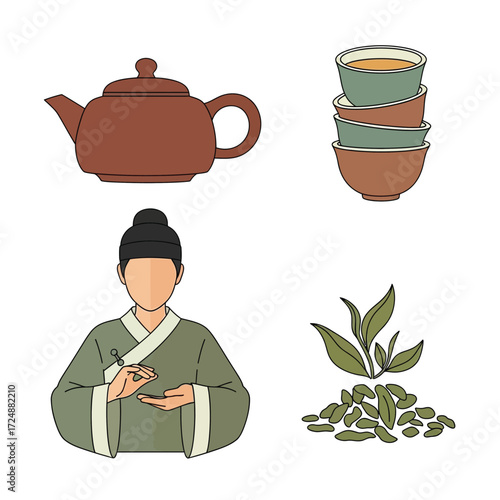 Illustration shows a teapot, cups, person, and tea leaves related to tea ceremony.