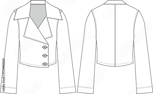 long sleeve collared v neck buttoned fit short jacket template technical drawing flat sketch cad mockup fashion woman design style model 
