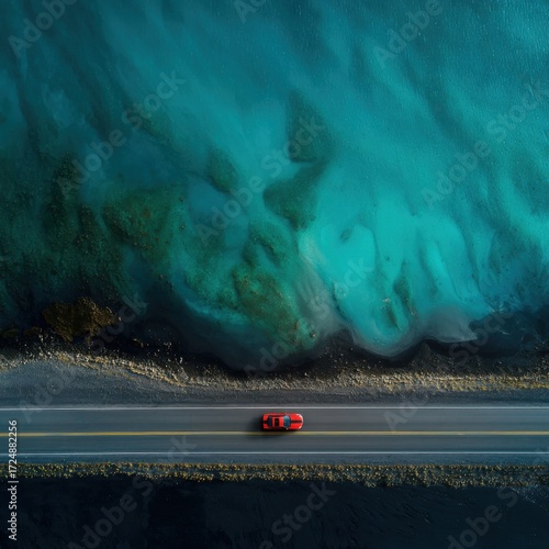 Aerial view of a red car driving on a road adjacent to turquoise water, with a coastal landscape and dark shoreline.