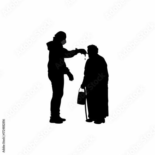 Silhouette of lab worker collecting sample from elderly patient isolated on white background