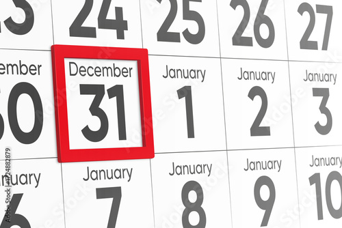 Photography Date 31 December with red frame realistic calendar day design