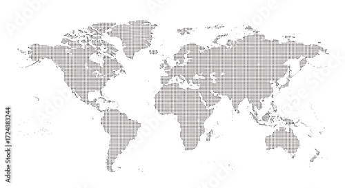 Global perspective dot matrix world map illustrating the interconnectedness of continents and oceans