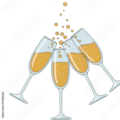 Four champagne flutes clinking together, celebrating with bubbly liquid and floating bubbles.