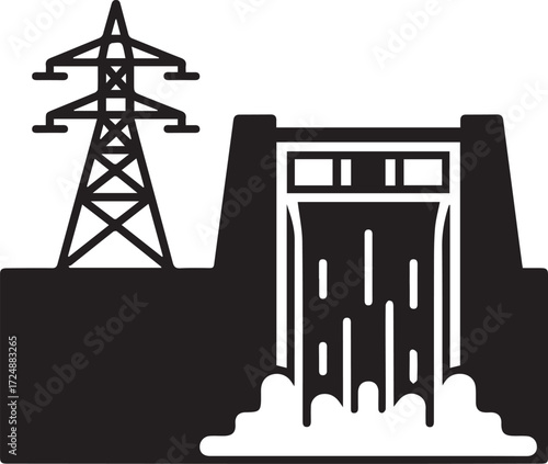 Silhouette of a hydroelectric dam with flowing water and a power transmission tower