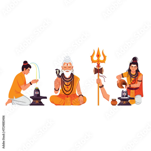 Illustrations depicting Hindu religious figures performing various rituals and ceremonies.