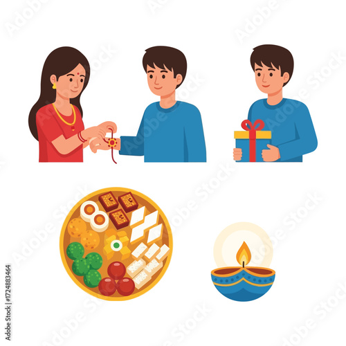 Illustration depicting the Indian festival of Raksha Bandhan, showing siblings and gifts.