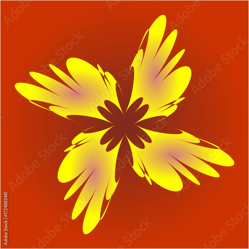 A golden flame-like flower unfurls against a glowing red backdrop, merging warmth and brilliance into a dazzling dance of radiant harmony.
