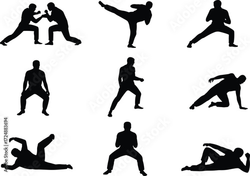 Martial arts silhouettes, karate fighters, combat stances, fighting poses, self defense techniques, karate training, action sports, black and white, warrior figures