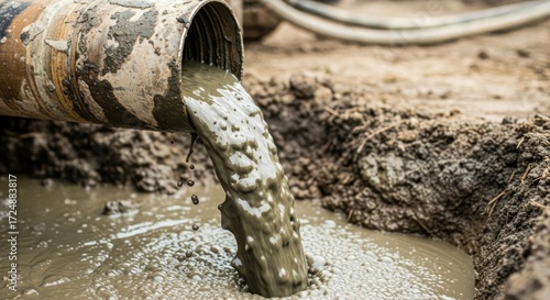 Construction site concrete pouring from pipe onto ground.