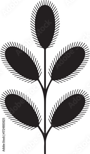 Stylized silhouette of a plant branch with fuzzy oval leaves isolated on a