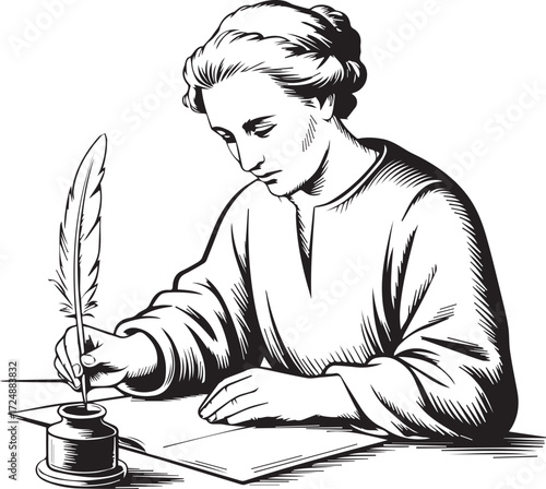 Elegant silhouette of a person writing with a quill pen and inkwell historical scene