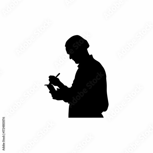 Silhouette of lab worker writing id number on urine container isolated on white background