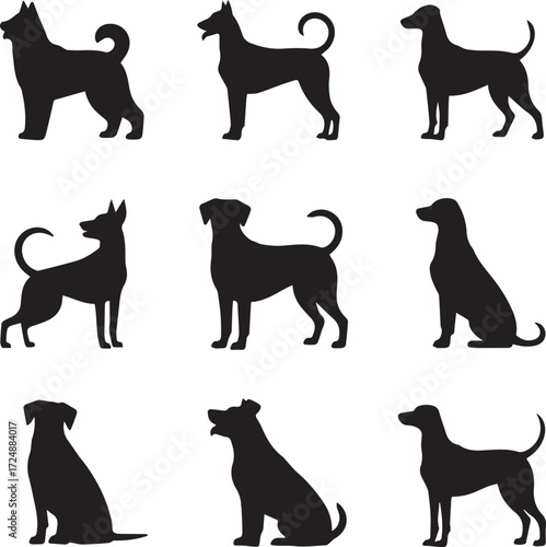 Collection of nine diverse dog silhouettes in various poses representing canine breeds and actions
