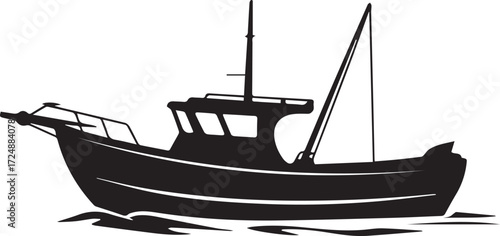 Silhouette of a fishing boat with a crane in the water at sea