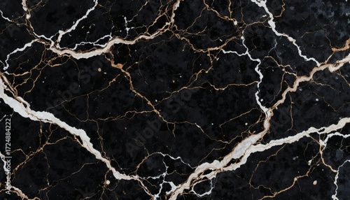 Luxurious black marble with elegant white and gold veining creates a sophisticated and modern backdrop for upscale designs.