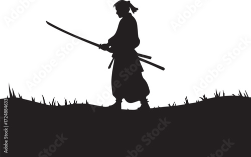 Silhouette of a lone samurai warrior standing in tall grass holding a katana sword ready for battle