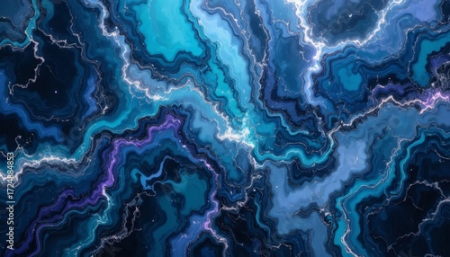 Mesmerizing swirling blue and purple abstract with luminous energetic lightning veins, perfect for digital art backgrounds.