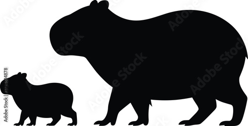 Silhouette of capybara adult and baby, wildlife animal pair, nature mammals, jungle creatures, family  