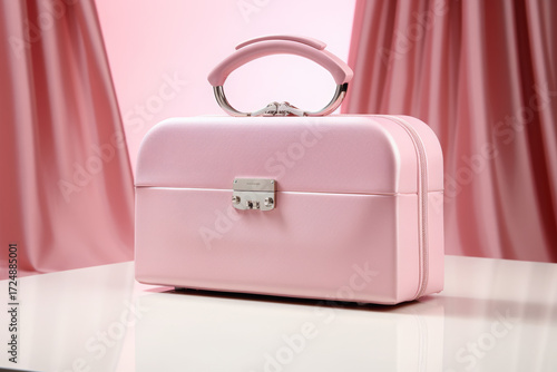 Retro Pink Makeup Train Case on White Table with Pastel Curtains

