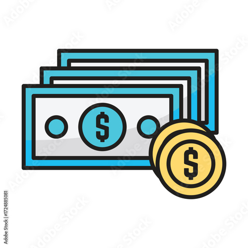 Stack of banknotes with coins