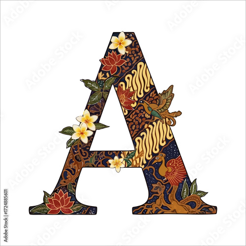 An ornate capital letter A decorated with traditional Indonesian batik patterns, frangipani flowers, and mythical birds.