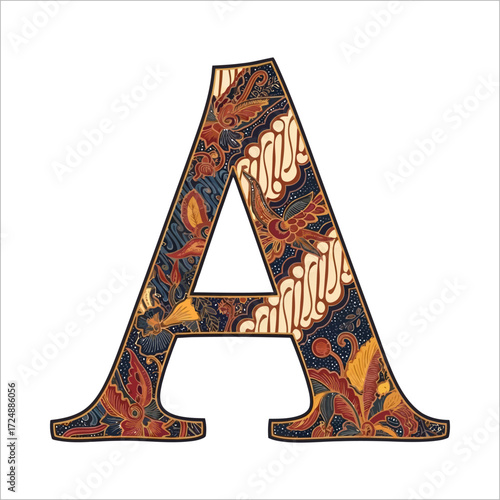 Stylized capital letter A with traditional Indonesian batik pattern featuring intricate floral motifs and organic shapes in earthy colors on a white background.