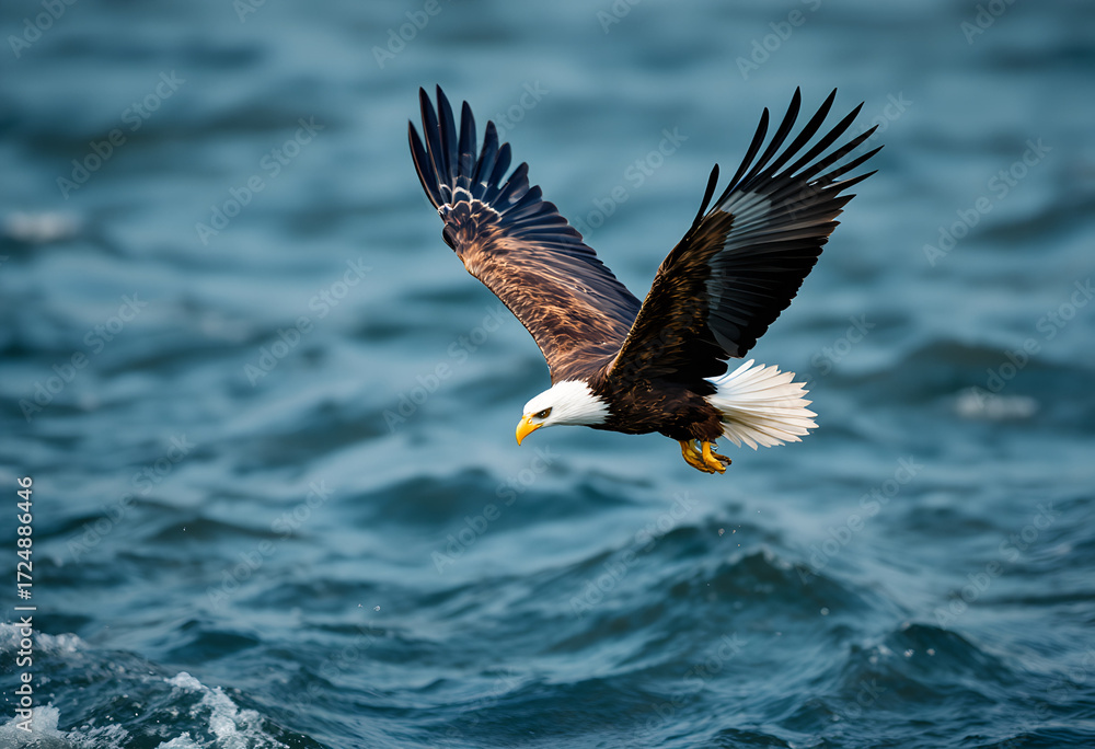 Fototapeta premium Bald Eagle Soaring Above Choppy Waters