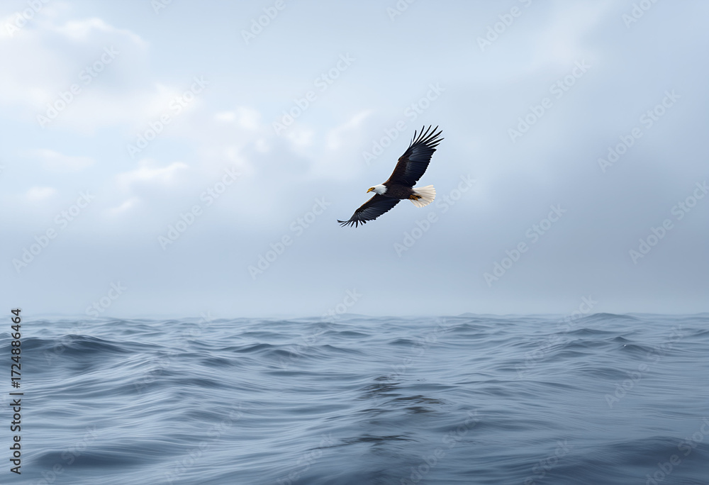 Fototapeta premium Bald Eagle Soaring Over Rough Ocean Waters