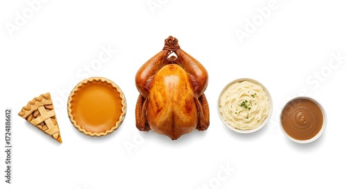 Thanksgiving Dinner from Above | Traditional Holiday Food Arrangement with Turkey, Pumpkin Pie, Mashed Potatoes, and Gravy on White Background for Festive Celebrations