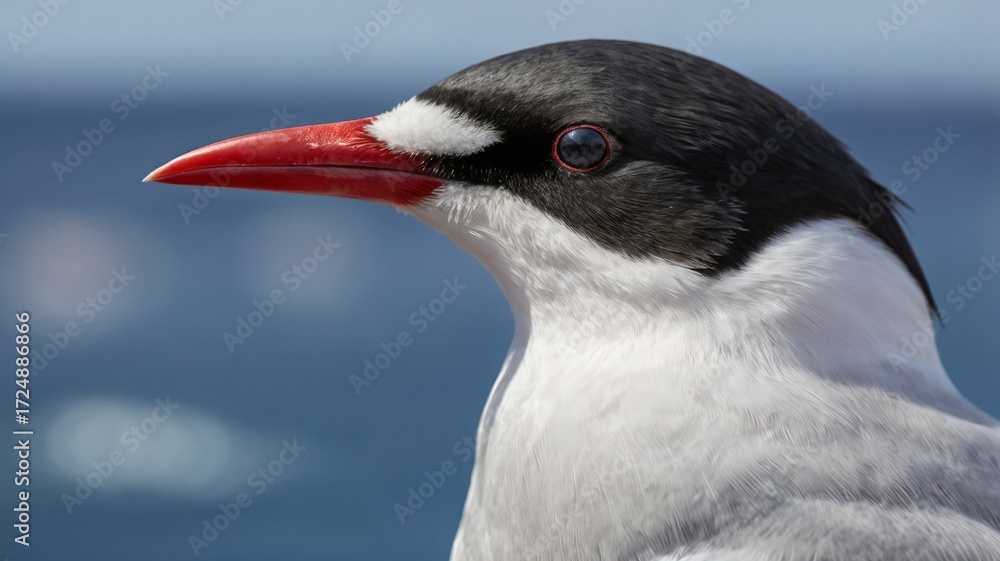 Naklejka premium Close-Up Portrait of an Arctic Tern with Black Cap and Red Beak Against Soft Blue Background