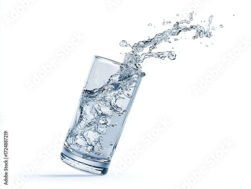 A tilted glass of water with dynamic splashes captured mid-air against a stark white background.