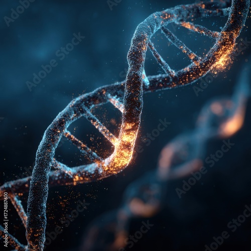A close - up of a glowing DNA double helix with orange particles against a dark blue background, showcasing molecular structure.