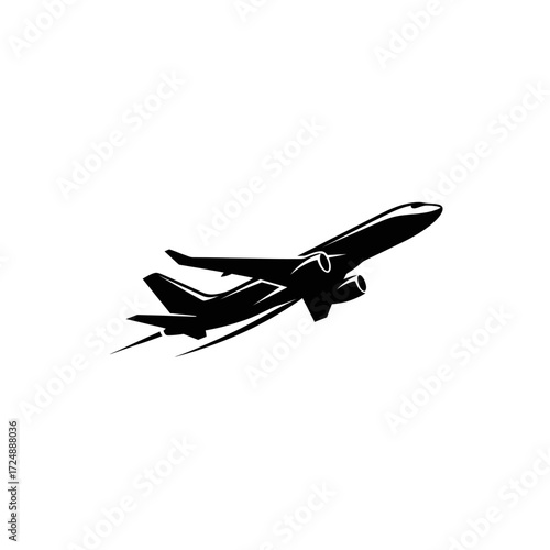 Silhouette of an airplane taking off into the sky.