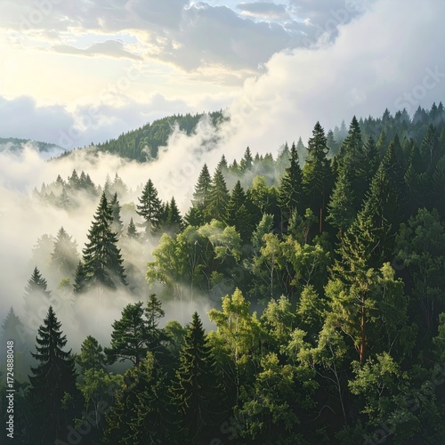 Fog drapes a forest valley, obscuring the tree line, while sunlight breaks through clouds. The scene evokes serenity and natural beauty