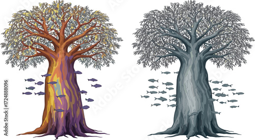 Surreal tree art, colorful fantasy tree, grayscale nature design, fish swimming trunks, vibrant leaves