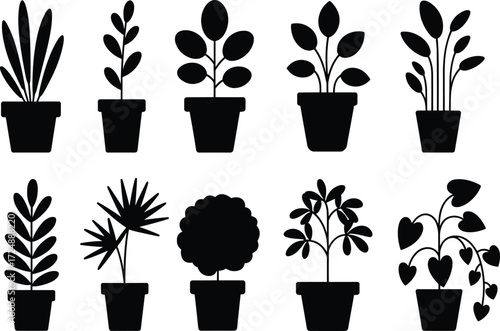 Indoor potted plant silhouette set, black vector houseplant collection, decorative foliage graphic design, gardening illustration art, cad drawing flat vector illustration