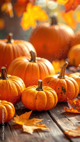 Vibrant pumpkins and autumn leaves rest on rustic wood, bathed in warm light creating a festive, seasonal still-life scene