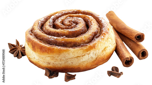 Cinnamon bun with spices isolated on a transparent background