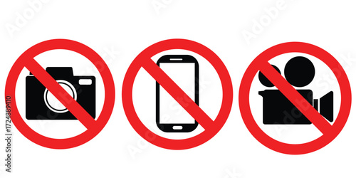 Camera, video and phone prohibition symbol sign set. No photographing and filming prohibit icon logo collection. Vector illustration