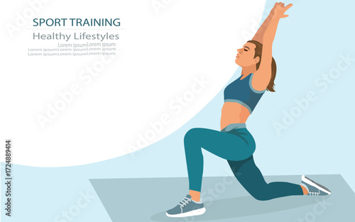 Young fit woman do frontal lunges or squat exercise indoors at home. Online indoors workout. Training at home