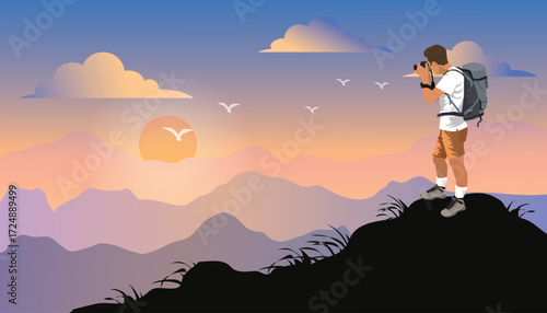  man tourist with a backpack climbs to the top of the mountain, taking photo by digital camera at sunset on the sea is on the horizon. Illustration with the concept of adventure tourism and travel.