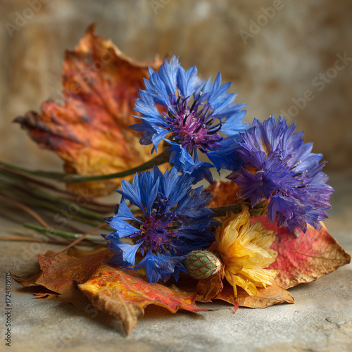 Dried cornflowers arranged with colorful autumn leaves in a rustic still life. Warm natural light creates a seasonal cozy look