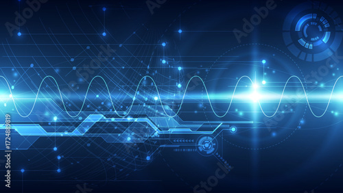 Futuristic Blue Vector Technology Illustration with Glowing Waveform Signal, Abstract Digital Circuit, and High-Tech Network Background for Science, Data and Innovation Concepts