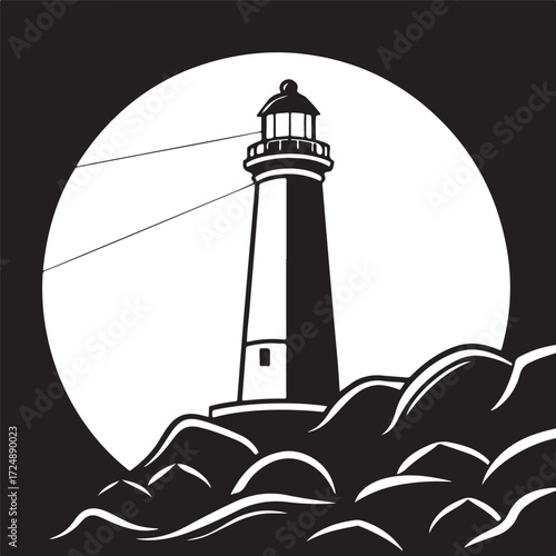 Lighthouse Silhouette Against Full Moon beacon ocean