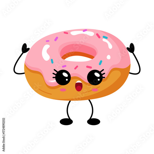 Funny kawaii donut character with pink glaze raising hands