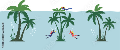 Underwater scuba divers, tropical palm trees, submerged landscape, aquatic exploration, marine adventure, ocean scene, diving illustration, exotic nature, coral reef, water environment