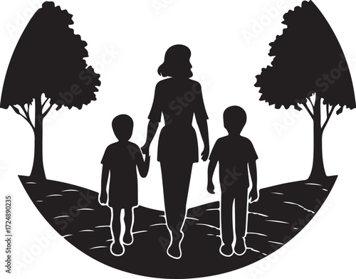 Mother and two children walking in park silhouette Keywords: mother, children, kids, family