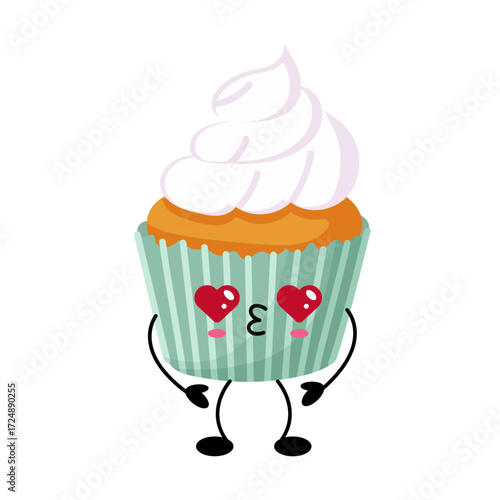 Adorable kawaii muffin character with cream topping and heart eyes