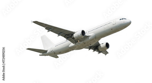 A modern white passenger airplane in midflight against a clean transparent background, isolated on transparent background